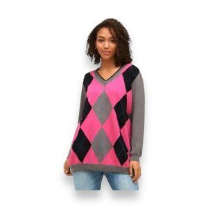 Ellos Women's Plus Size V-Neck Argyle Sweater Gray Pink Preppy Cotton Knit 1X
